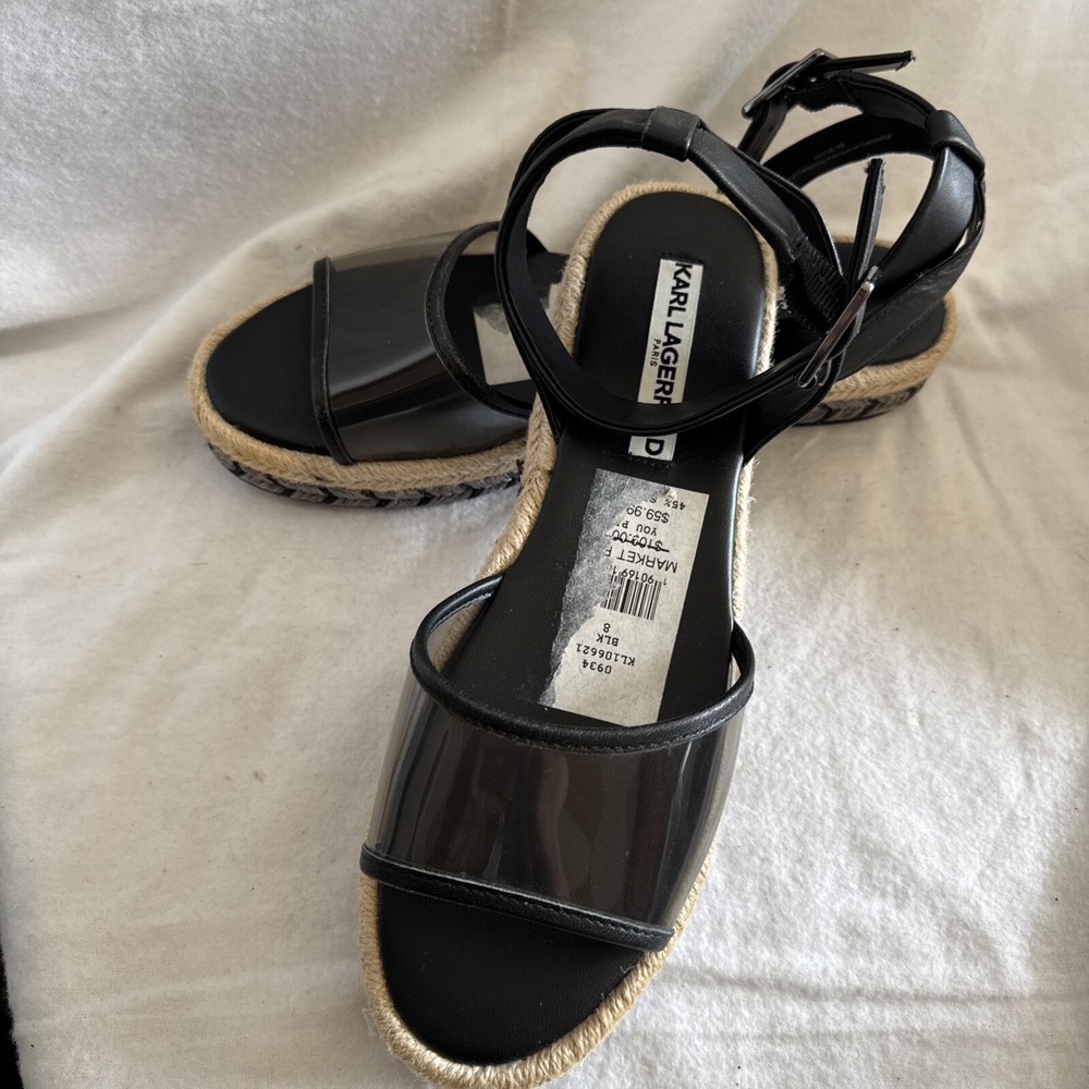 KARL LAGERFELD ADALINA TRANSPARENT ESPADRILLE SANDALS -BLACK -WOMEN US 8 NEW